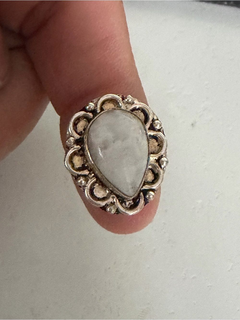 White Teardrop Stone Women's Ring - sterling silver